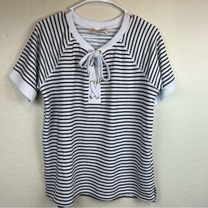 Micheal Kors white & navy stripe terry s/s top with lace up neckline-Women’s Med